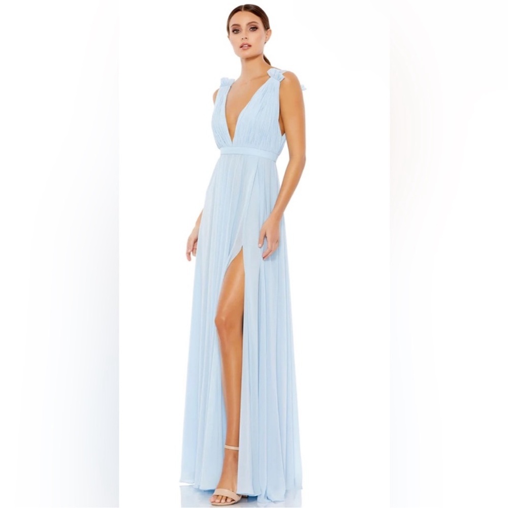 Mac Duggal Light Blue Pleated Maxi Gown with High Slit